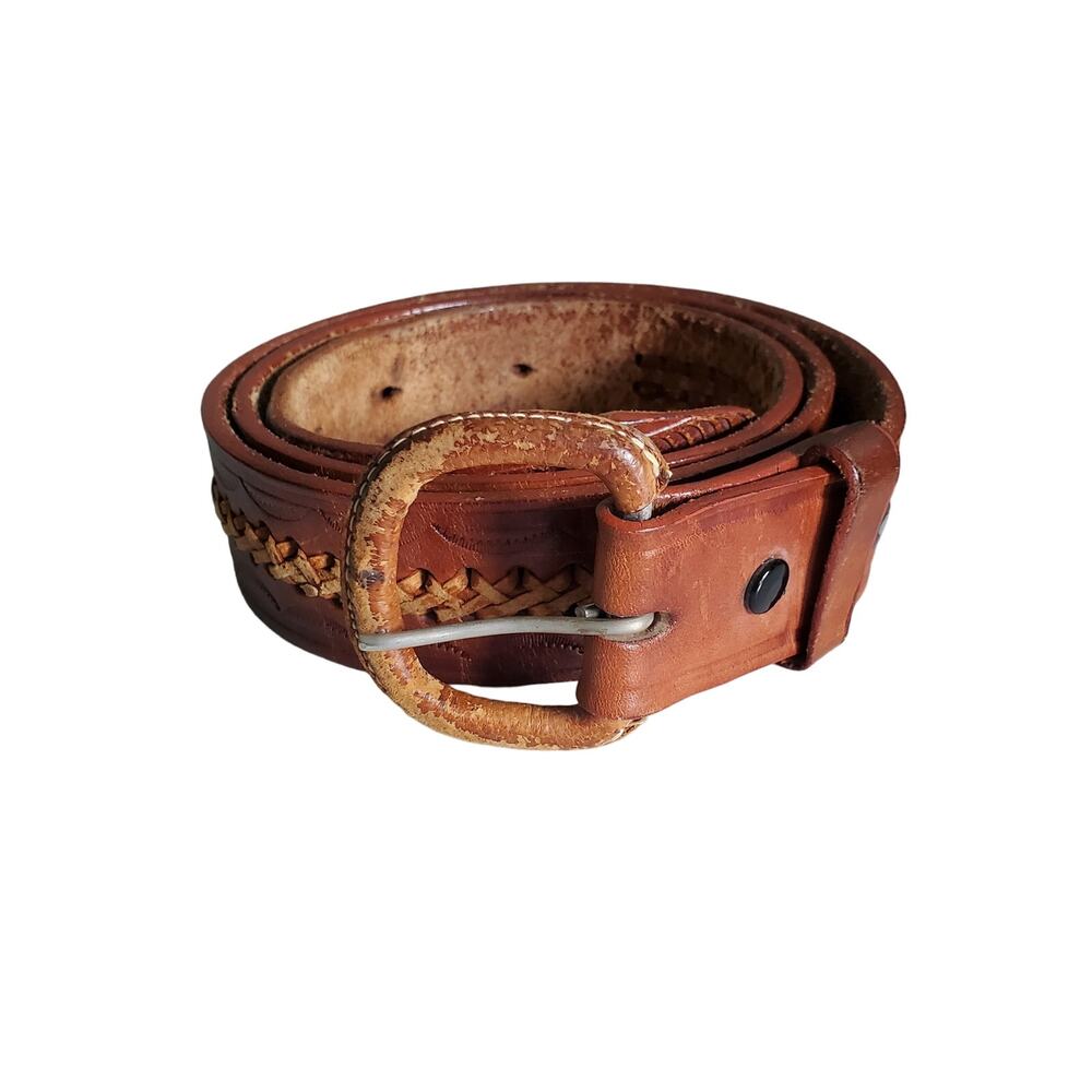 Brown Tooled Leather Belt 40 Made in Mexico Ethnic Cottage Neutral Unisex Weave
